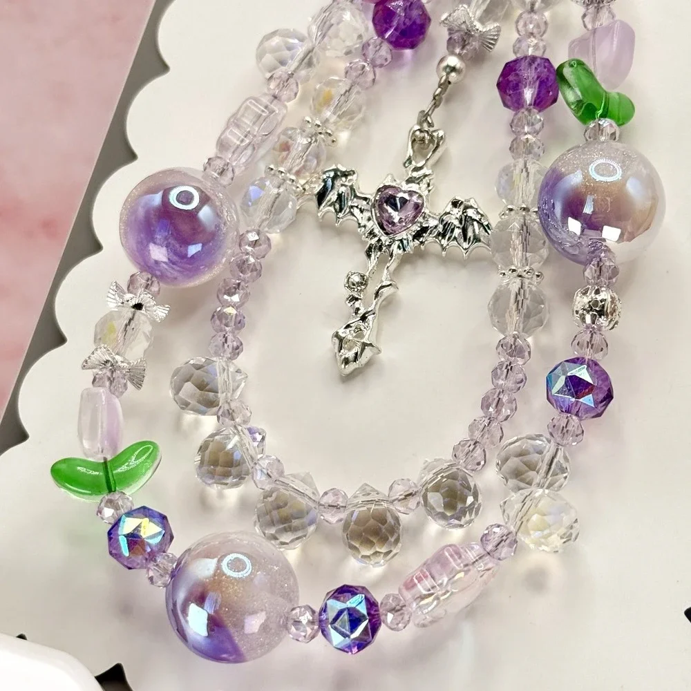 Purple Gothic Bat Cross Phone Wristlet Charm Crystal Beaded Kawaii Bag Keychain